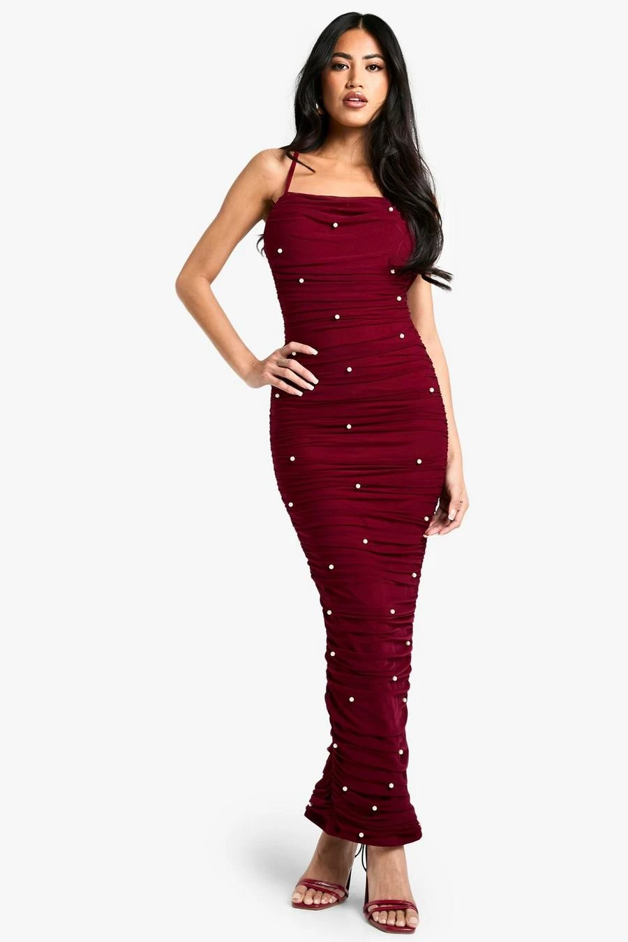 BOOHOO Mesh Beaded Detail Ruched Maxi Dress 3 BOOHOO Mesh Beaded Detail Ruched Maxi Dress - Image 3
