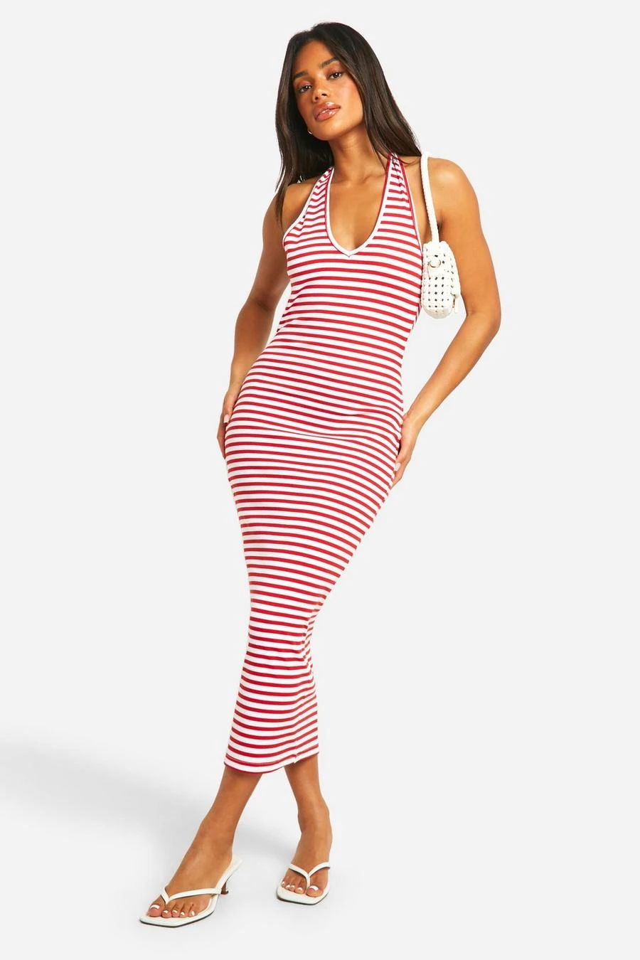 BOOHOO Basic Rib Stripe Plunge Hlater Midaxi Dress 1 BOOHOO Basic Rib Stripe Plunge Hlater Midaxi Dress