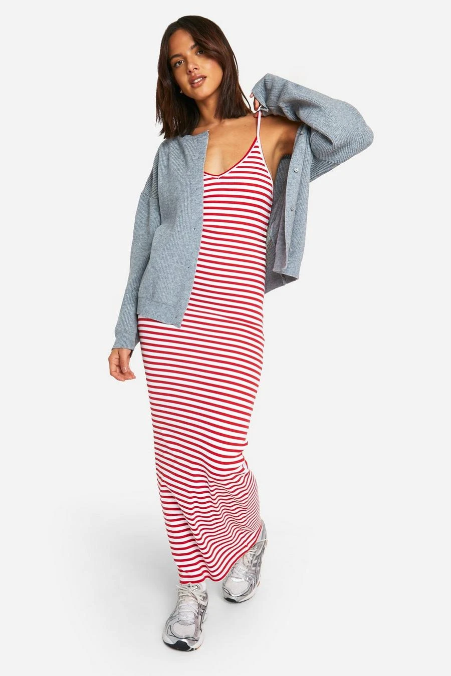 BOOHOO Basic Rib Stripe V Neck Maxi Dress 1 BOOHOO Basic Rib Stripe V Neck Maxi Dress