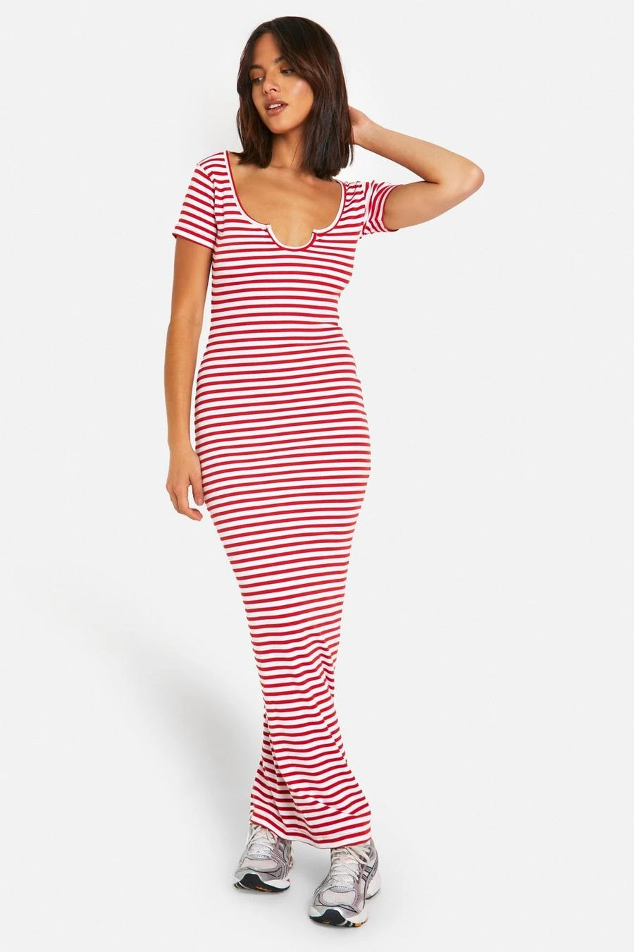 BOOHOO Basic Stripe Rib Notch Maxi Dress 1 BOOHOO Basic Stripe Rib Notch Maxi Dress