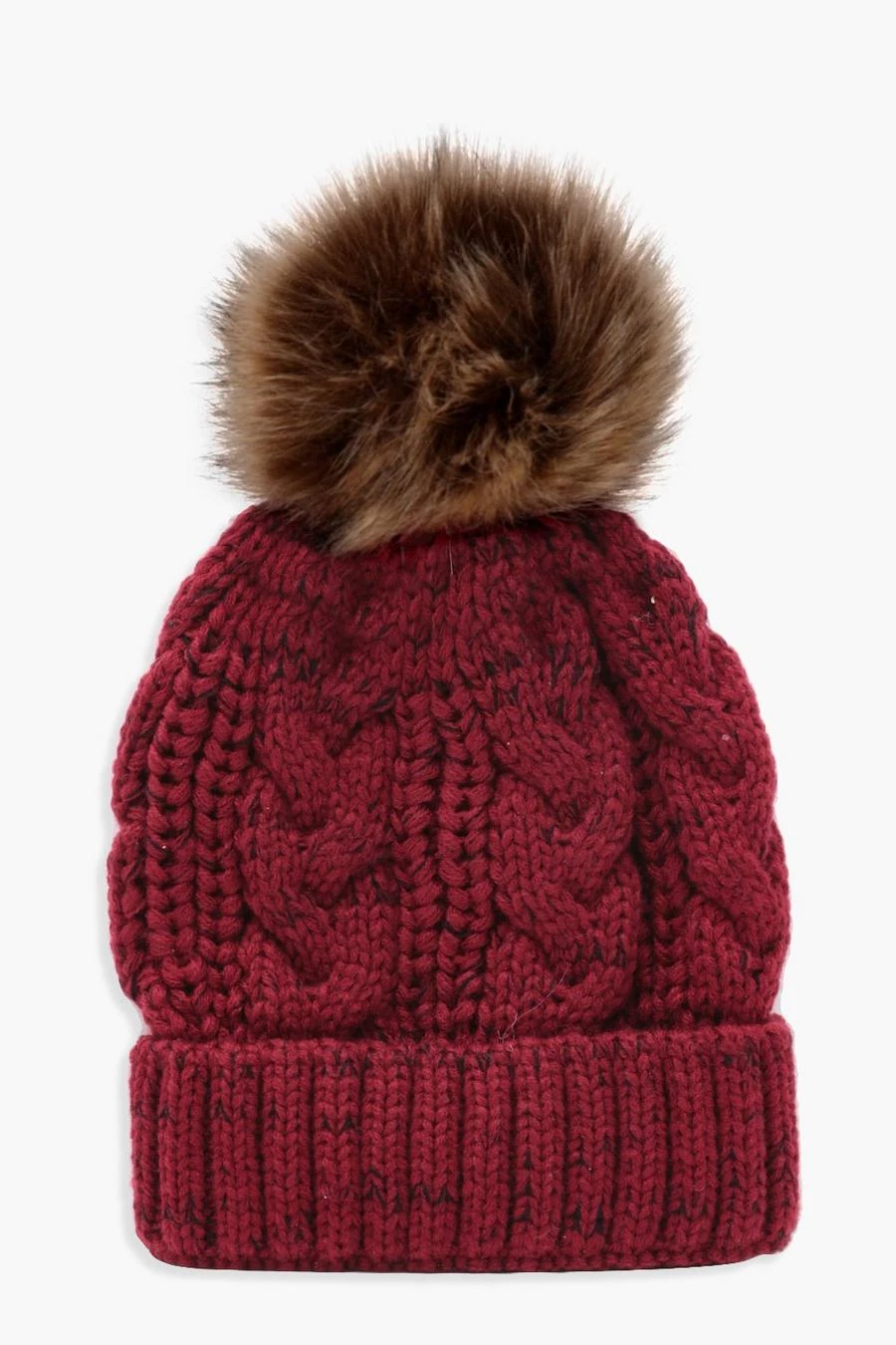 BOOHOO Cable Knit Faux Fur Pom Beanie 1 BOOHOO Cable Knit Faux Fur Pom Beanie