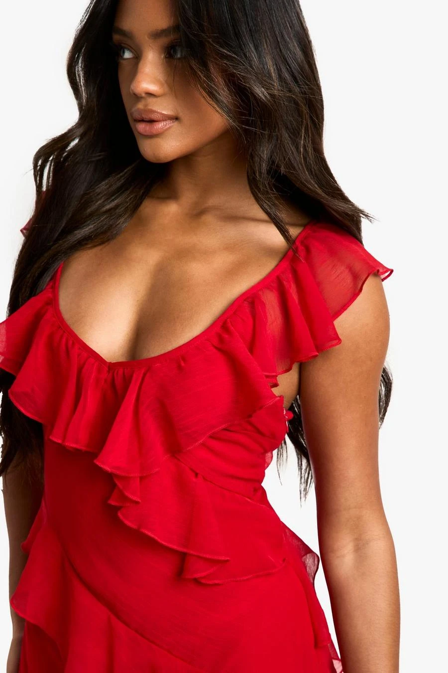 Lookbook -BamBam Fashion Shop female red chiffon ruffle strappy maxi dress 3