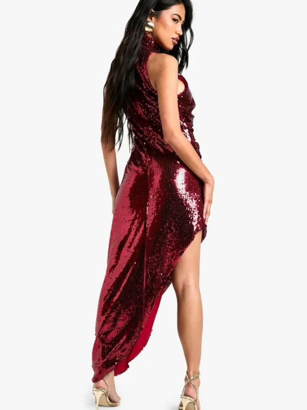 Outlet -BamBam Fashion Shop female red high neck sequin split maxi dress 1