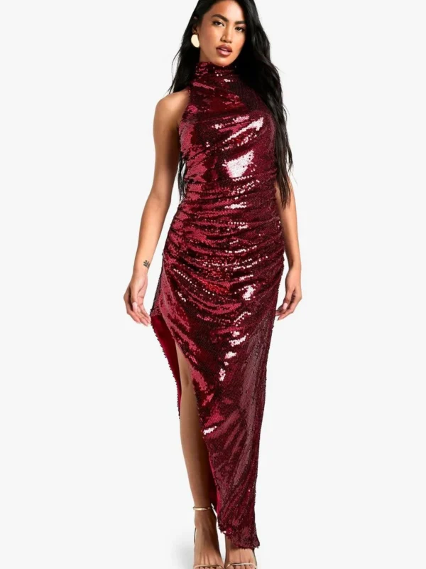 Outlet -BamBam Fashion Shop female red high neck sequin split maxi dress 2
