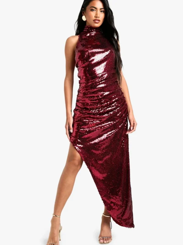 Outlet -BamBam Fashion Shop female red high neck sequin split maxi dress