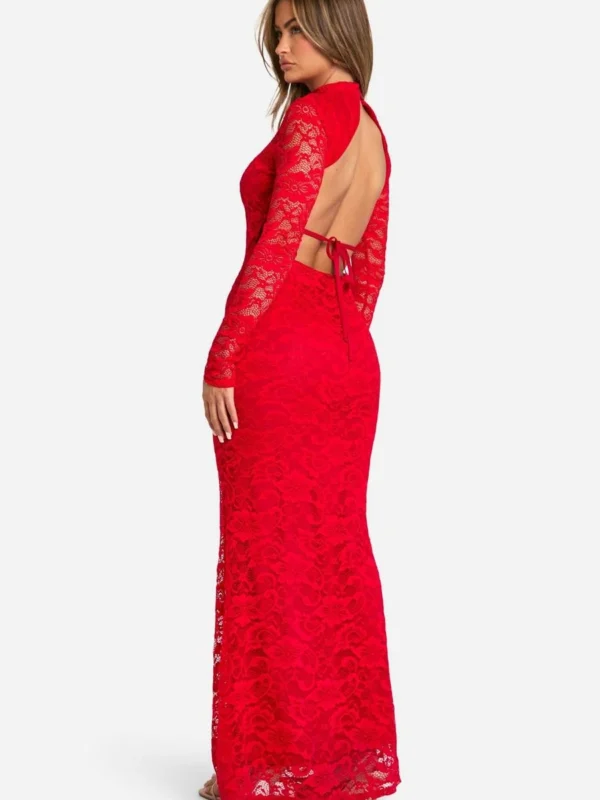 Outlet -BamBam Fashion Shop female red lace open back maxi dress 1