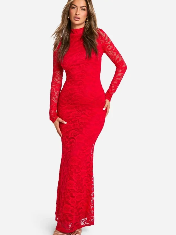 Outlet -BamBam Fashion Shop female red lace open back maxi dress