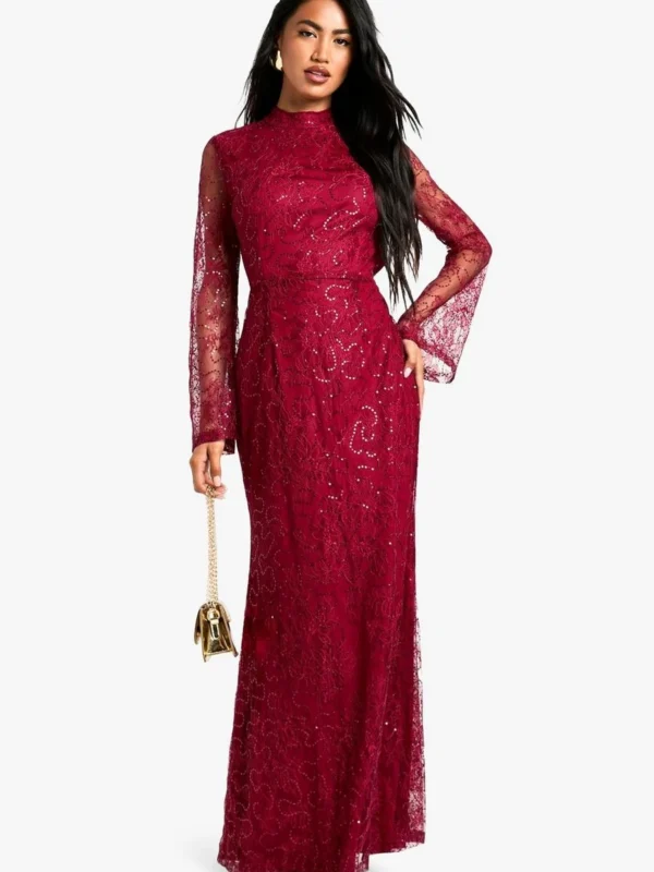 BamBam Fashion Shop -BamBam Fashion Shop female red lace sequin open back maxi dress