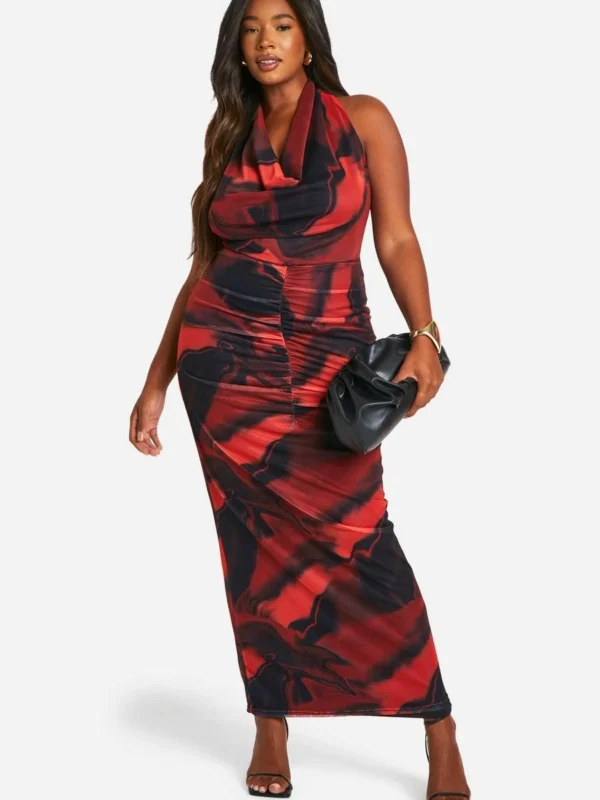 Outlet -BamBam Fashion Shop female red plus floral mesh cowl neck maxi dress 2
