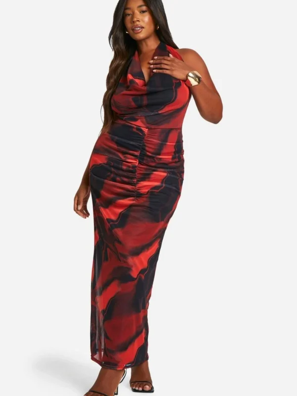 Outlet -BamBam Fashion Shop female red plus floral mesh cowl neck maxi dress