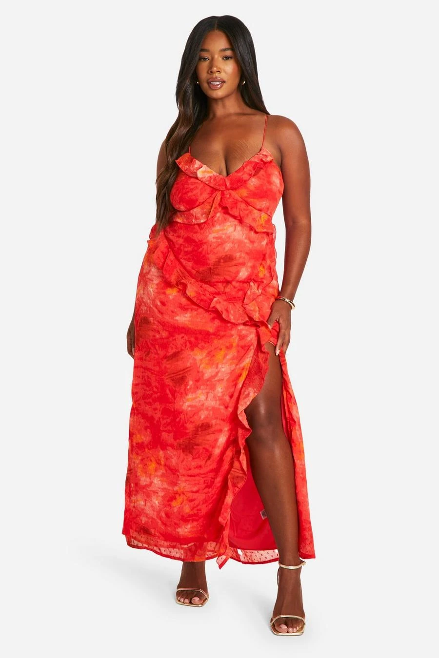 BOOHOO Plus Printed Ruffle Strappy Maxi Dress 1 BOOHOO Plus Printed Ruffle Strappy Maxi Dress
