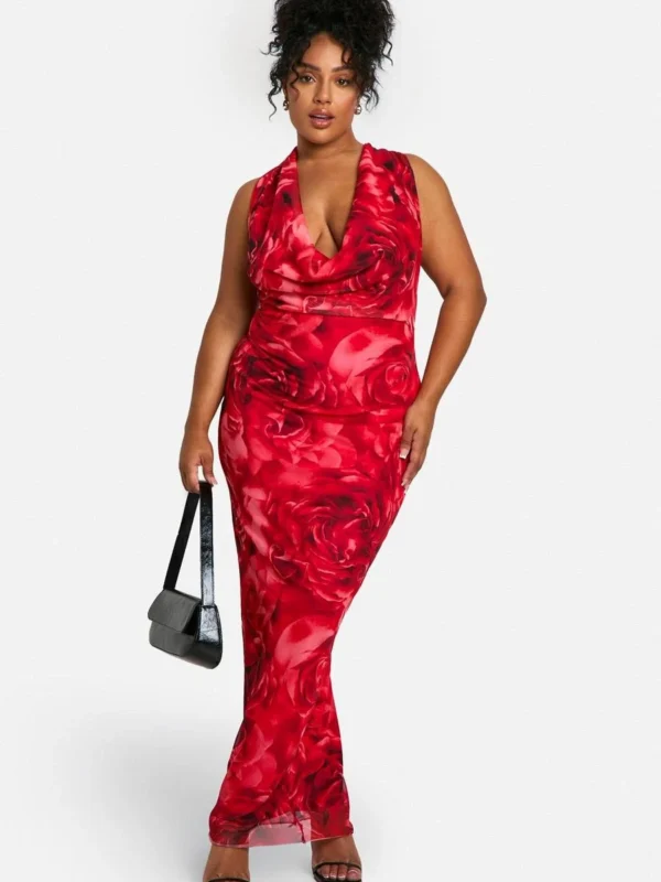 Outlet -BamBam Fashion Shop female red plus rose printed mesh deep cowl maxi dress 2