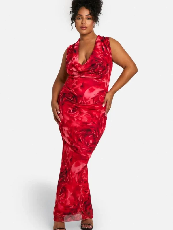 Outlet -BamBam Fashion Shop female red plus rose printed mesh deep cowl maxi dress