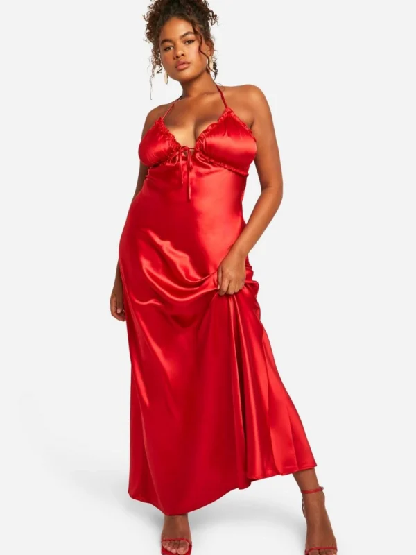 Outlet -BamBam Fashion Shop female red plus ruffle satin maxi slip dress 2
