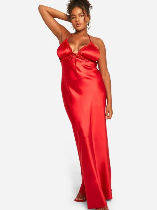 Outlet -BamBam Fashion Shop female red plus ruffle satin maxi slip dress