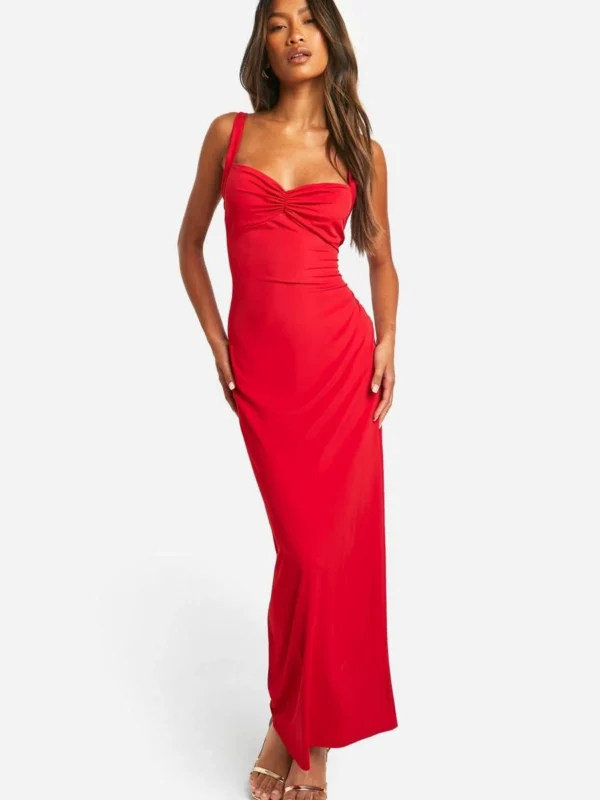 Outlet -BamBam Fashion Shop female red premium matte slinky ruched bust maxi dress 2