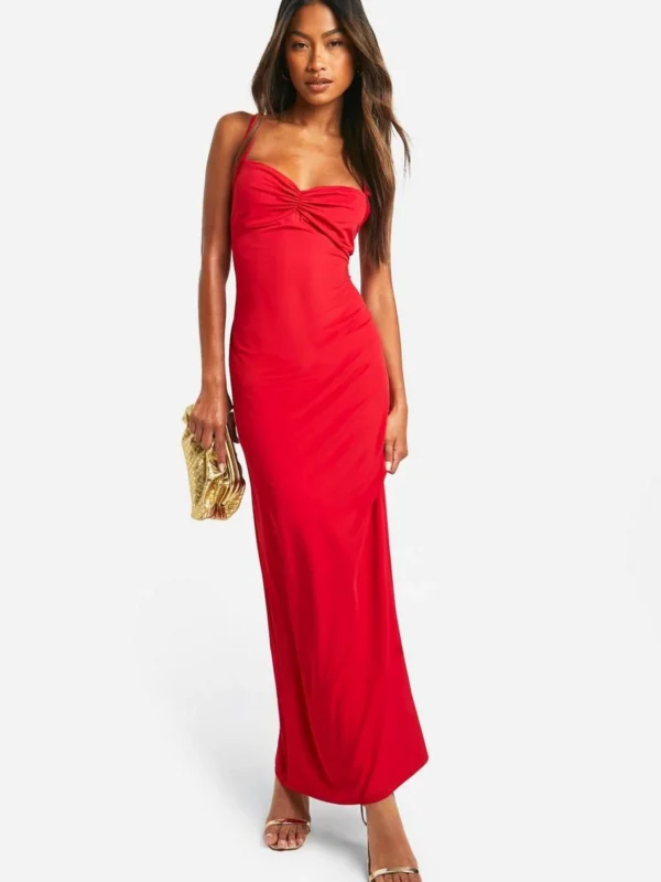 Outlet -BamBam Fashion Shop female red premium matte slinky ruched bust maxi dress