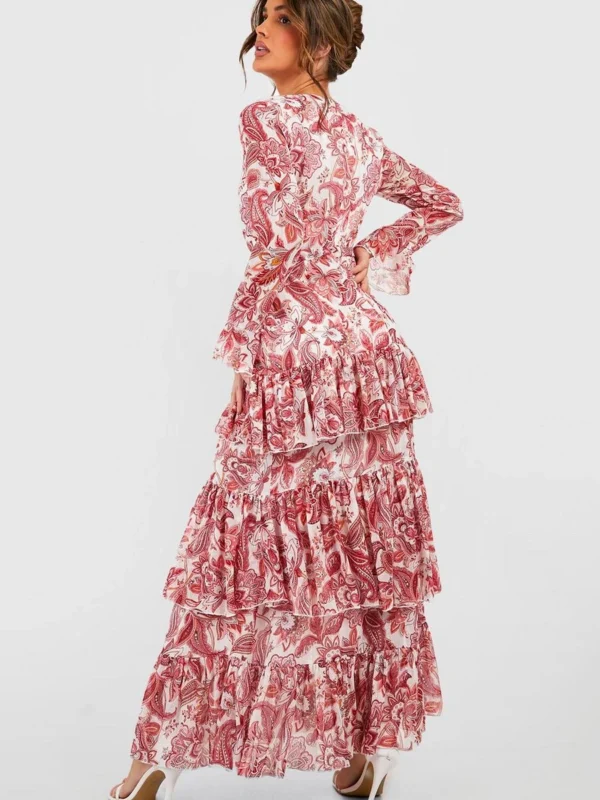 Outlet -BamBam Fashion Shop female red printed ruffle hem maxi dress 1