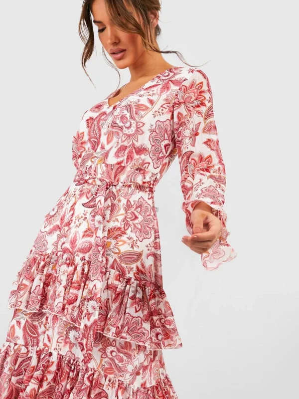 Outlet -BamBam Fashion Shop female red printed ruffle hem maxi dress 2