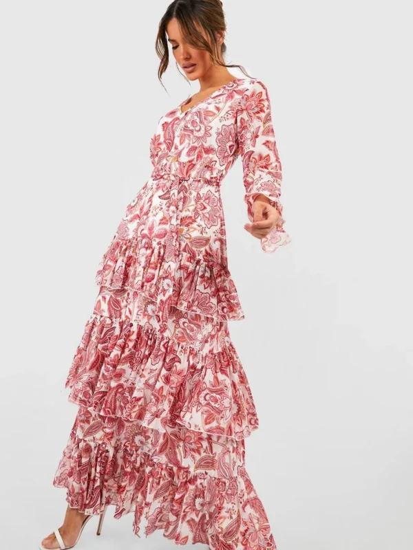 Outlet -BamBam Fashion Shop female red printed ruffle hem maxi dress