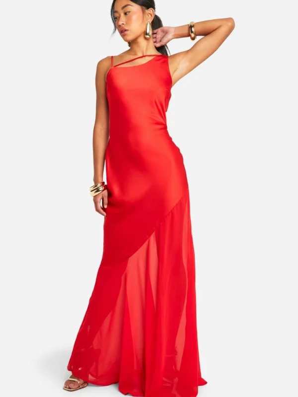 Outlet -BamBam Fashion Shop female red satin chiffon assymteric hem maxi dress 2