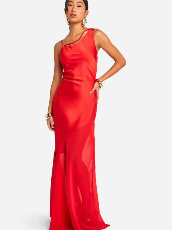 Outlet -BamBam Fashion Shop female red satin chiffon assymteric hem maxi dress