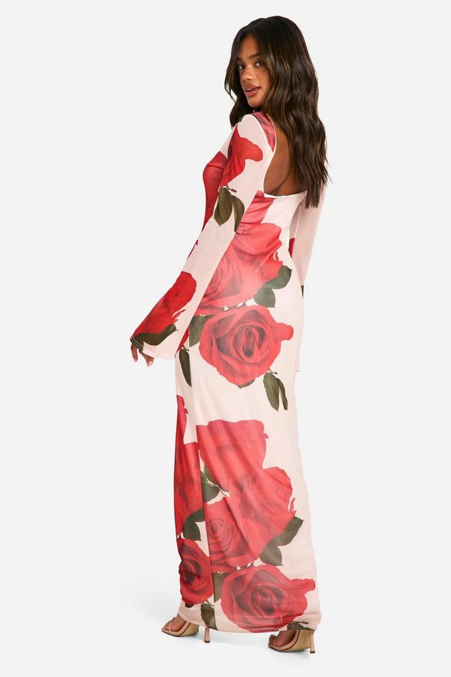 BOOHOO Slash Neck Rose Mesh Print Flare Sleeve Maxi Dress 2 BOOHOO Slash Neck Rose Mesh Print Flare Sleeve Maxi Dress - Image 2