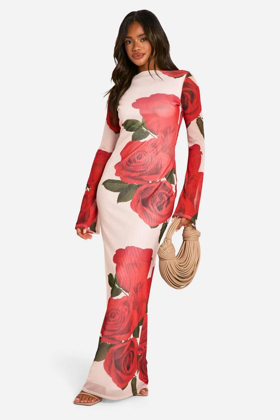 BOOHOO Slash Neck Rose Mesh Print Flare Sleeve Maxi Dress 3 BOOHOO Slash Neck Rose Mesh Print Flare Sleeve Maxi Dress - Image 3