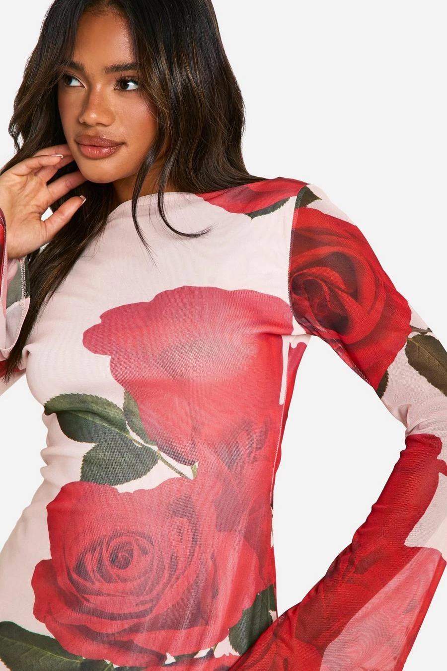 BOOHOO Slash Neck Rose Mesh Print Flare Sleeve Maxi Dress 4 BOOHOO Slash Neck Rose Mesh Print Flare Sleeve Maxi Dress - Image 4