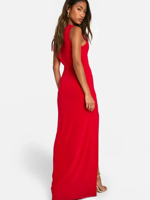 Outlet -BamBam Fashion Shop female red slinky one shoulder ruched maxi dress 1