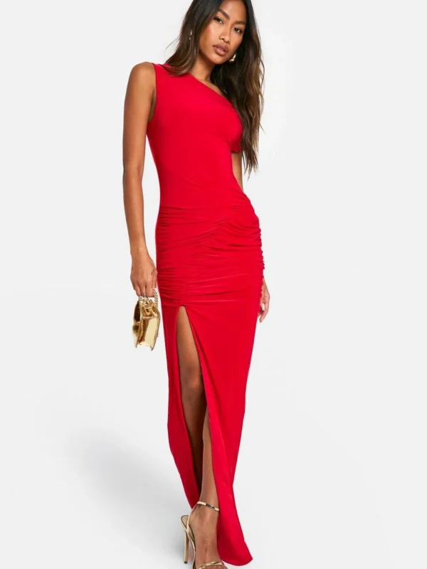Outlet -BamBam Fashion Shop female red slinky one shoulder ruched maxi dress