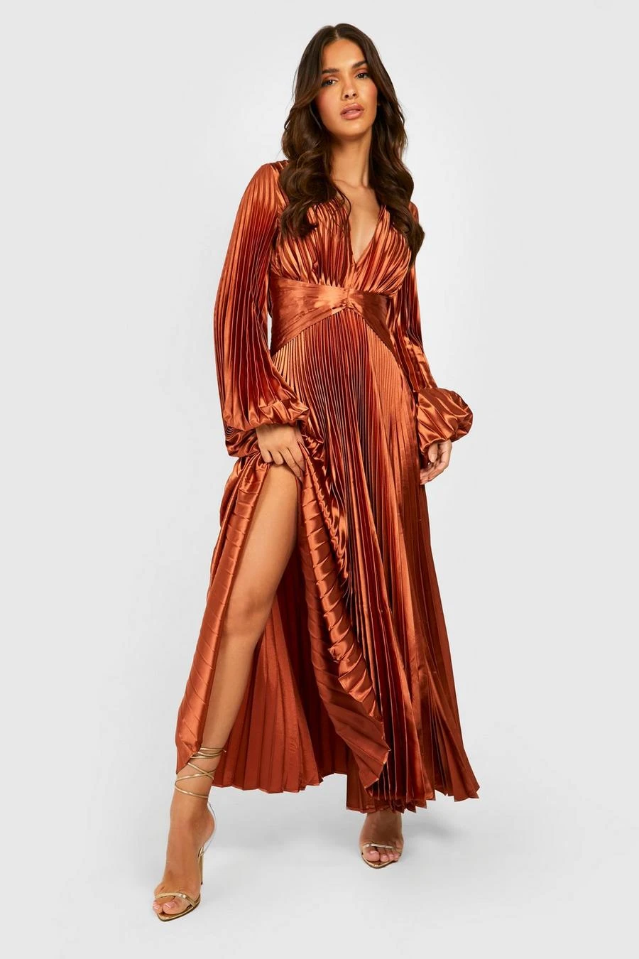 BOOHOO Pleated Satin Oversized Sleeve Midaxi Dress 1 BOOHOO Pleated Satin Oversized Sleeve Midaxi Dress