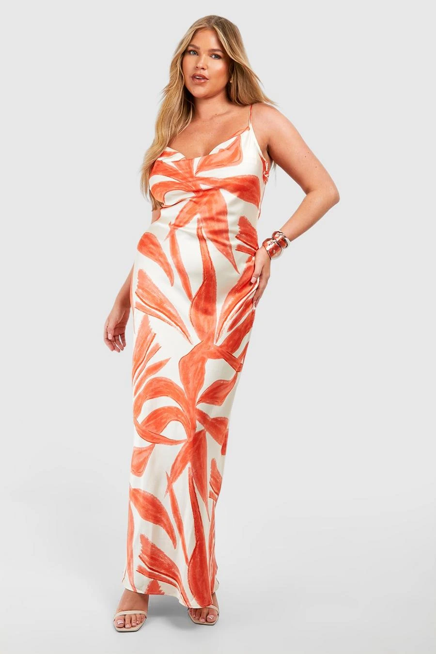 BOOHOO Plus Leave Printed Satin Maxi Dress 1 BOOHOO Plus Leave Printed Satin Maxi Dress