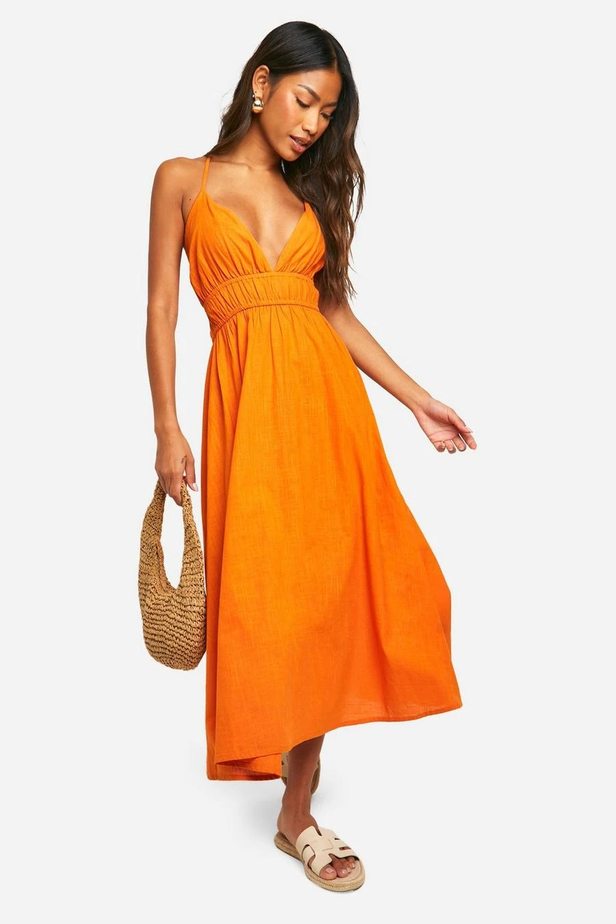 BOOHOO Cotton Blend Plunge Midaxi Dress 3 BOOHOO Cotton Blend Plunge Midaxi Dress - Image 3