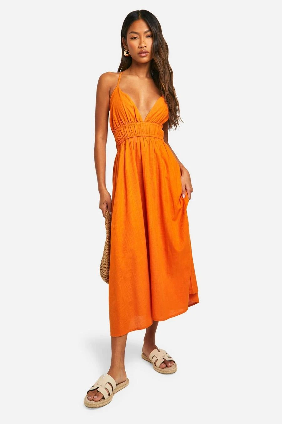 BOOHOO Cotton Blend Plunge Midaxi Dress 1 BOOHOO Cotton Blend Plunge Midaxi Dress