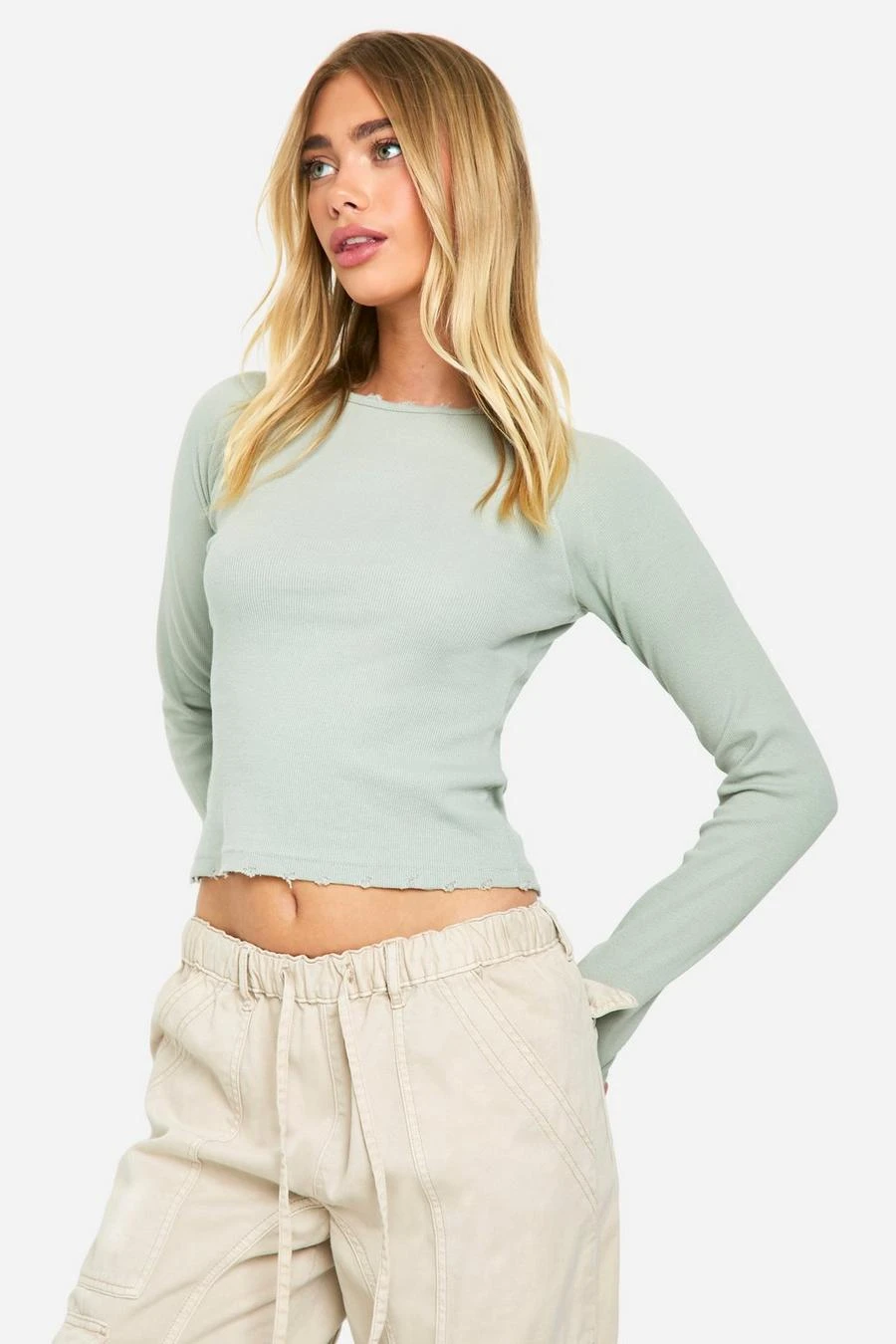 BOOHOO Rib Distressed Hem Long Sleeve Top 1 BOOHOO Rib Distressed Hem Long Sleeve Top