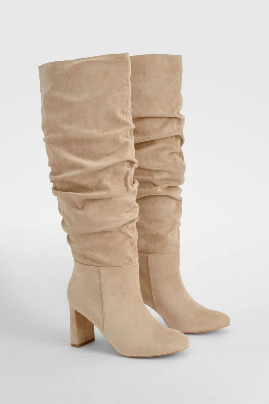 BOOHOO Wide Fit Faux Suede Ruched Detail Block Heel Boots 1 BOOHOO Wide Fit Faux Suede Ruched Detail Block Heel Boots