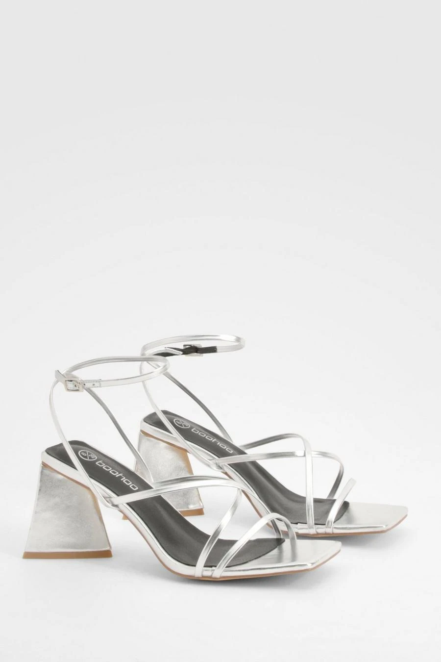 BOOHOO Flared Heel Metallic Cross Strap Heeled Sandals 1 BOOHOO Flared Heel Metallic Cross Strap Heeled Sandals