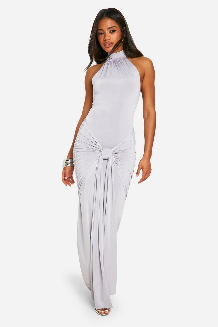 BOOHOO Halterneck Tie Front Slinky Maxi Dress 1 BOOHOO Halterneck Tie Front Slinky Maxi Dress