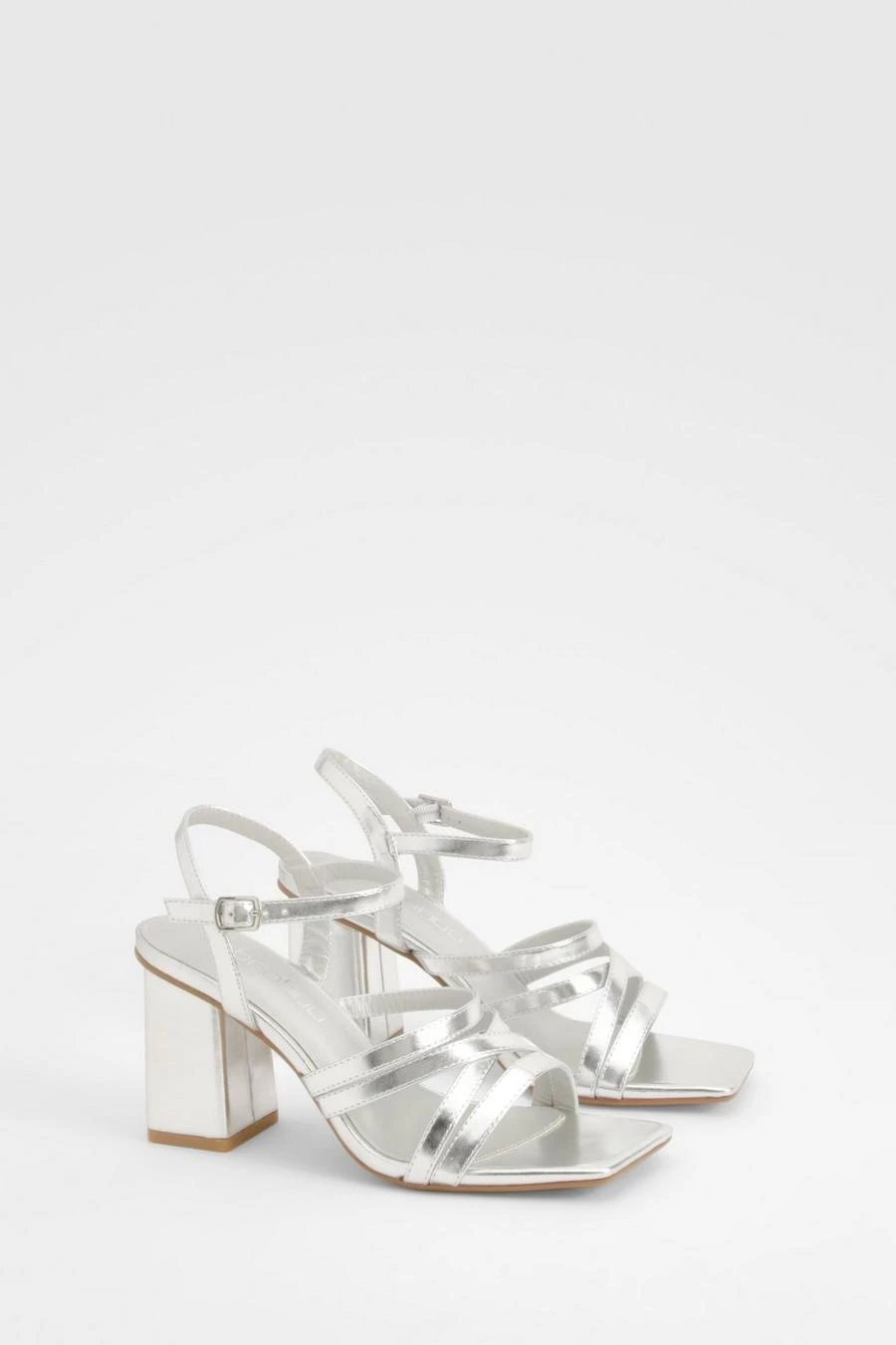 BOOHOO Metallic Square Toe Strappy Two Part Block Heels 1 BOOHOO Metallic Square Toe Strappy Two Part Block Heels