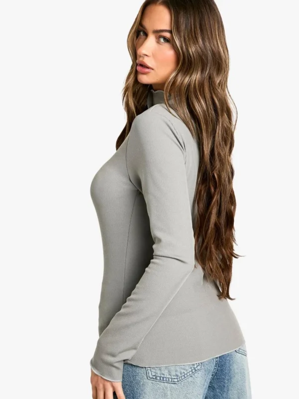 BamBam Fashion Shop -BamBam Fashion Shop female silver2520grey exposed seam long sleeve rib top 1