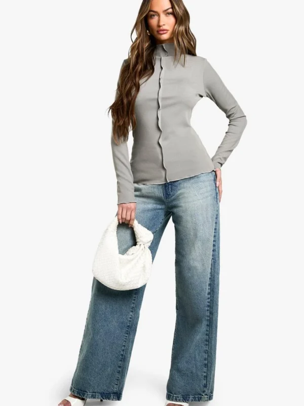 BamBam Fashion Shop -BamBam Fashion Shop female silver2520grey exposed seam long sleeve rib top 2