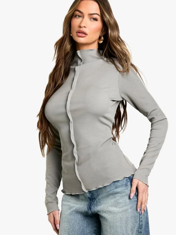 BamBam Fashion Shop -BamBam Fashion Shop female silver2520grey exposed seam long sleeve rib top