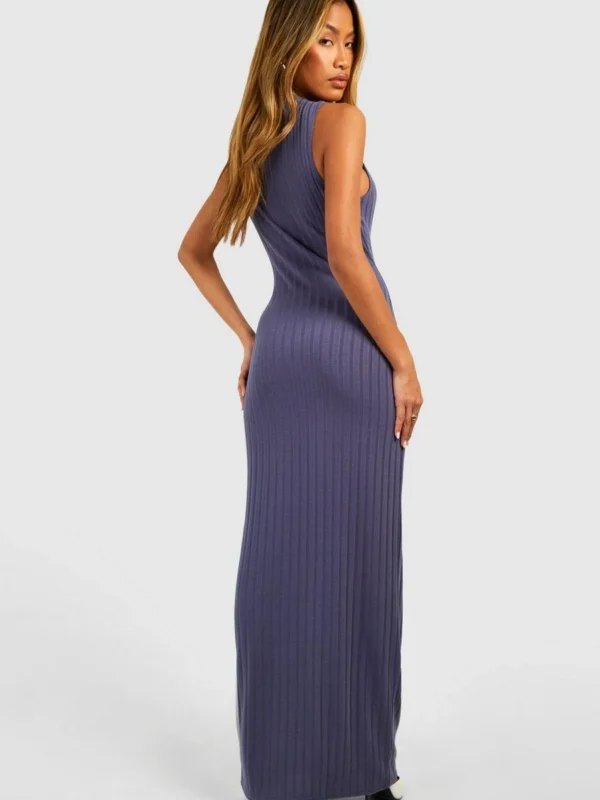 Outlet -BamBam Fashion Shop female slate racer neck rib maxi dress 1