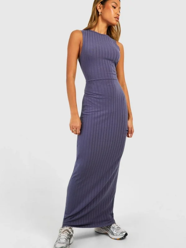 Outlet -BamBam Fashion Shop female slate racer neck rib maxi dress