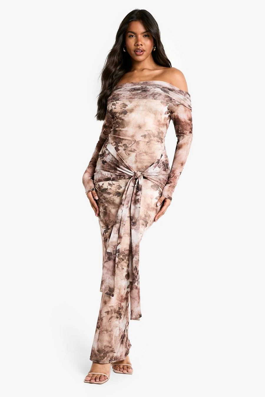 BOOHOO Abstract Bardot Mesh Long Sleeve Maxi Dress 1 BOOHOO Abstract Bardot Mesh Long Sleeve Maxi Dress
