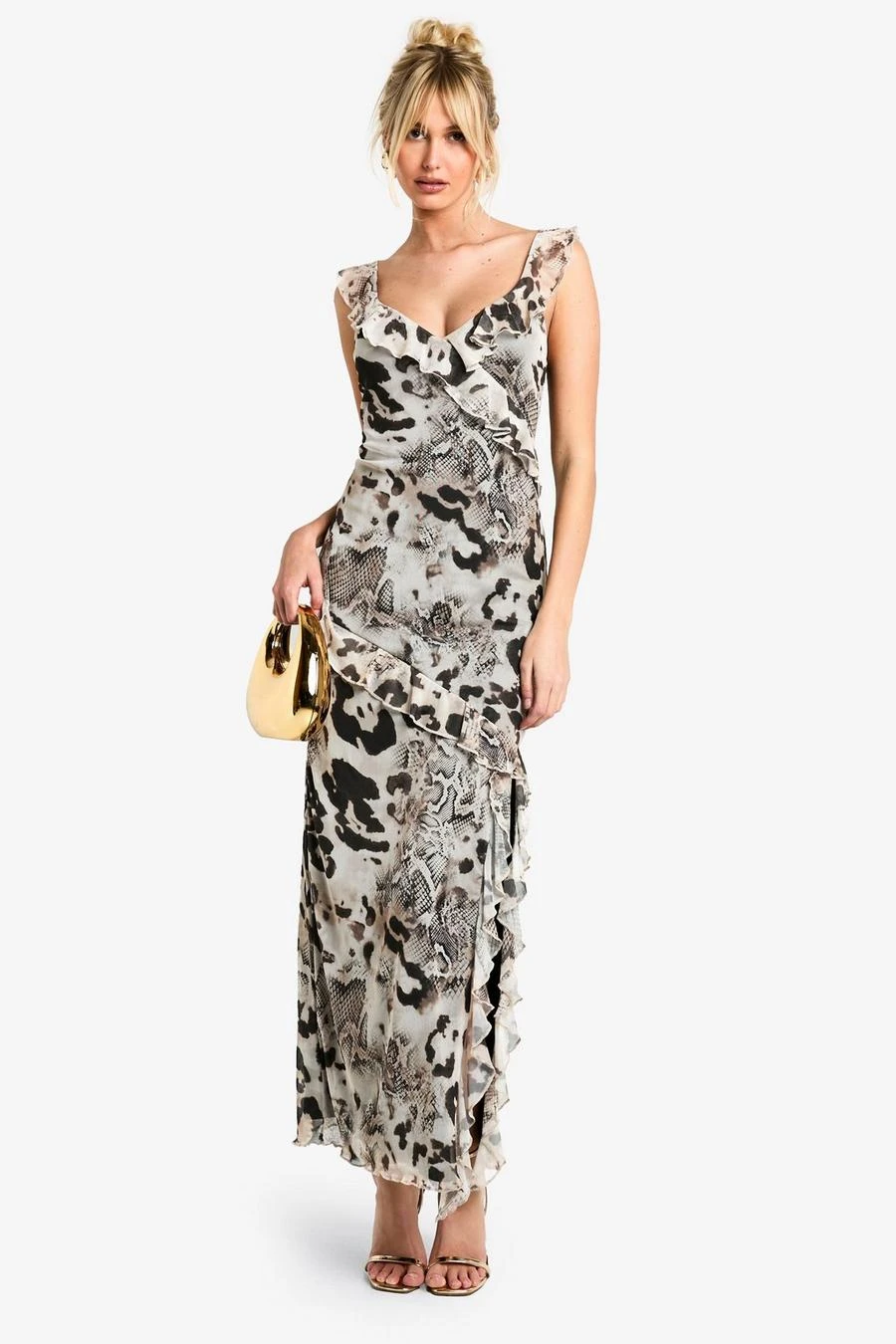 BOOHOO Animal Mix Mesh Ruffle Maxi Dress 3 BOOHOO Animal Mix Mesh Ruffle Maxi Dress - Image 3