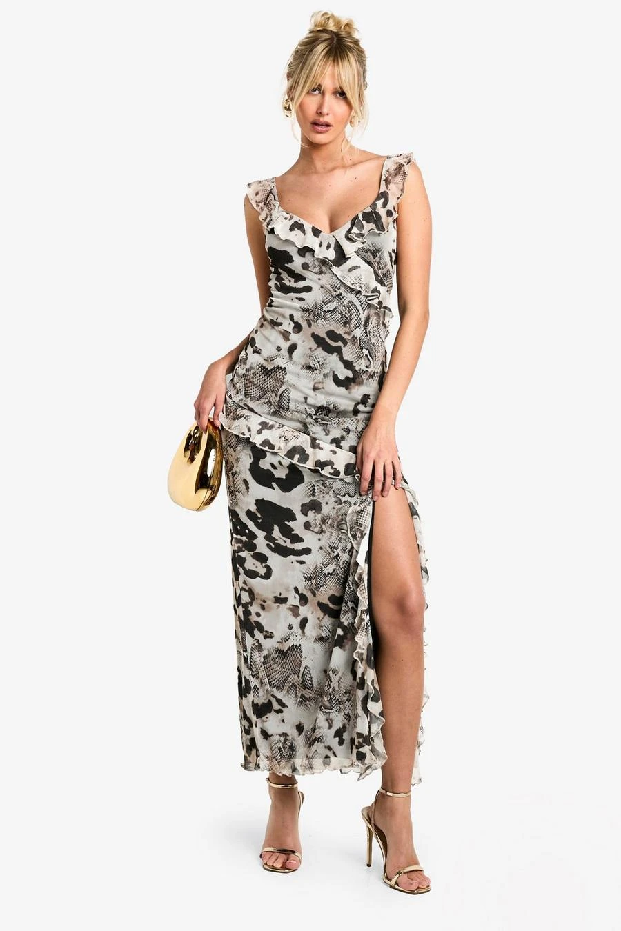 BamBam Fashion Shop -BamBam Fashion Shop female stone animal mix mesh ruffle maxi dress