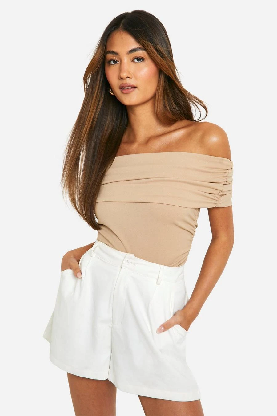 BOOHOO Crepe Bardot Ruched Top 1 BOOHOO Crepe Bardot Ruched Top