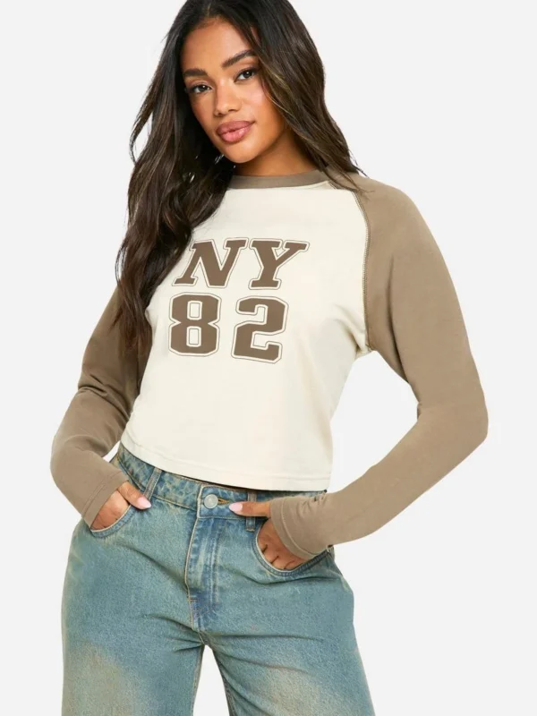 BamBam Fashion Shop -BamBam Fashion Shop female stone long sleeve printed jersey raglan top